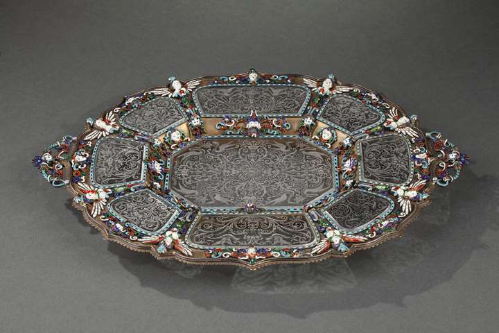 An Austrian historicist rock-crystal, silver-gilt and enamel dish